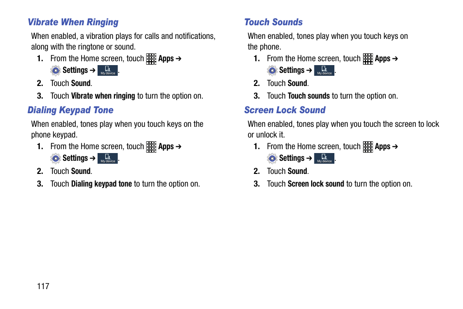 Vibrate when ringing, Dialing keypad tone, Touch sounds | Screen lock sound | Samsung SCH-R890ZWAUSC User Manual | Page 122 / 194