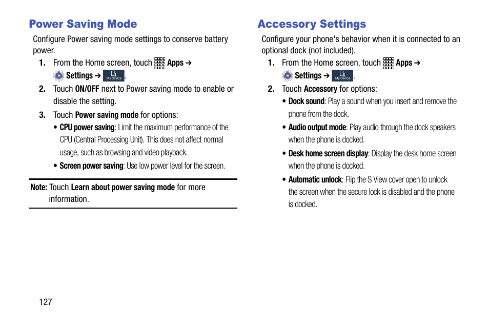 Power saving mode, Accessory settings, Power saving mode accessory settings | Samsung SCH-R890ZWAUSC User Manual | Page 132 / 194