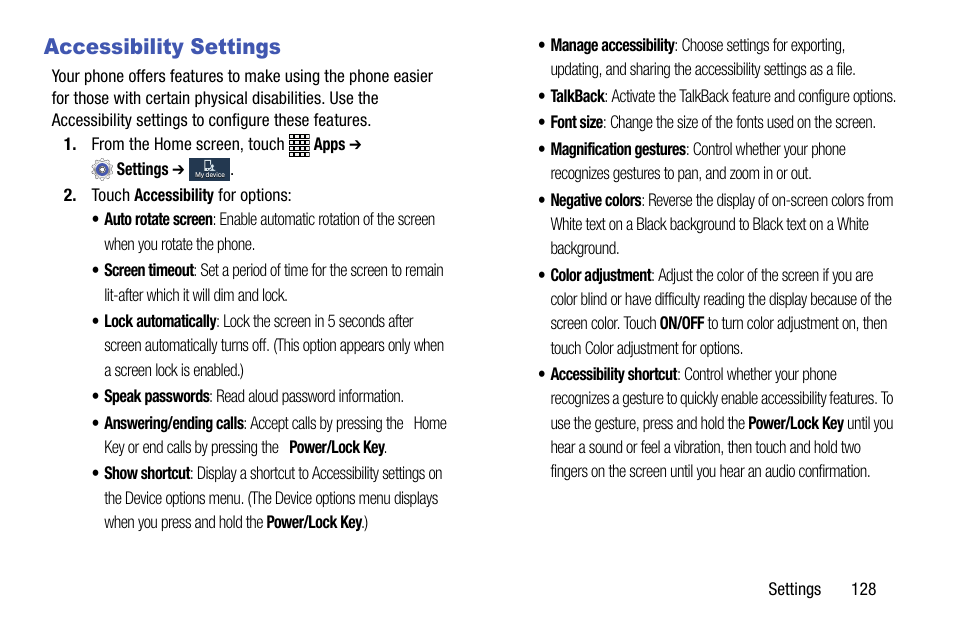 Accessibility settings | Samsung SCH-R890ZWAUSC User Manual | Page 133 / 194