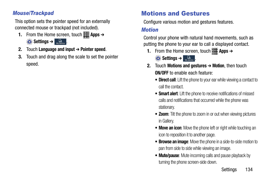 Motions and gestures | Samsung SCH-R890ZWAUSC User Manual | Page 139 / 194
