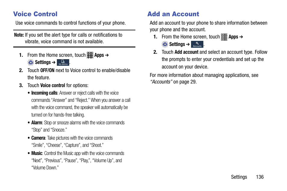 Voice control, Add an account, Voice control add an account | Samsung SCH-R890ZWAUSC User Manual | Page 141 / 194