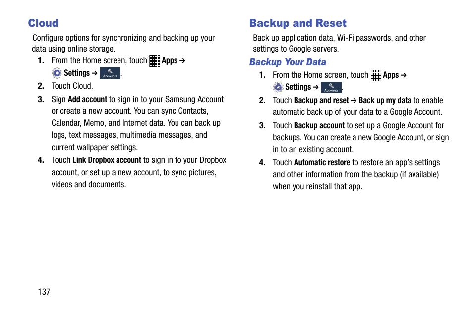 Cloud, Backup and reset, Cloud backup and reset | Samsung SCH-R890ZWAUSC User Manual | Page 142 / 194