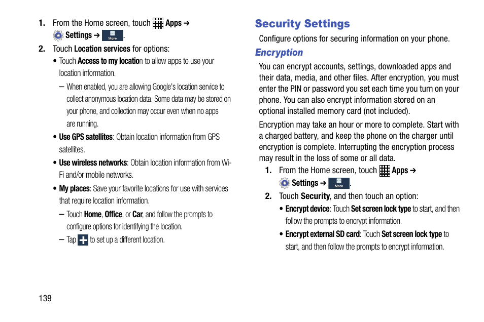 Security settings | Samsung SCH-R890ZWAUSC User Manual | Page 144 / 194