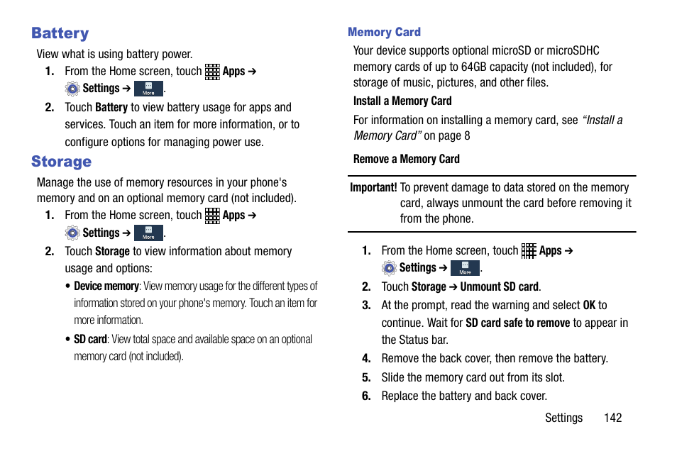 Battery, Storage, Battery storage | Samsung SCH-R890ZWAUSC User Manual | Page 147 / 194