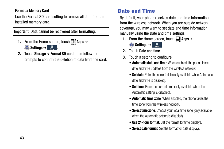 Date and time | Samsung SCH-R890ZWAUSC User Manual | Page 148 / 194