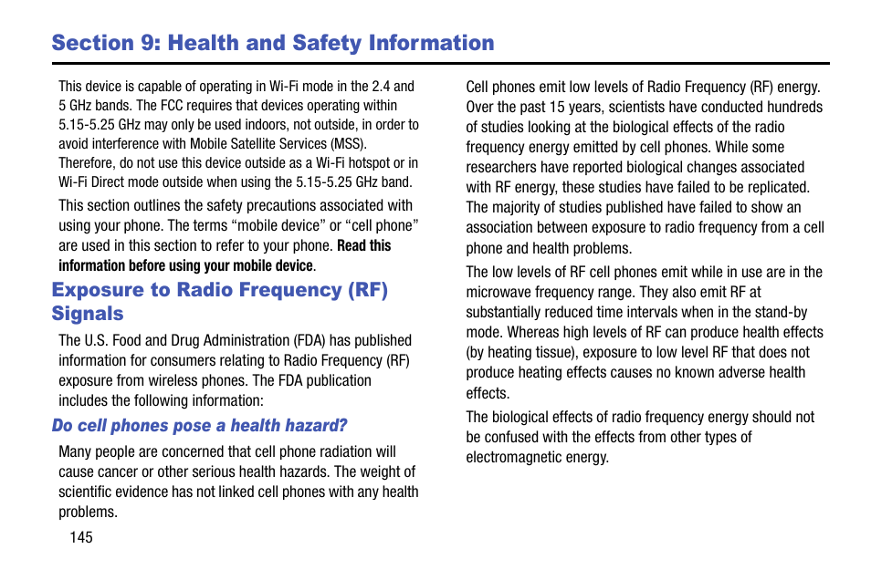 Section 9: health and safety information, Exposure to radio frequency (rf) signals, Section 9: health and safety | Information | Samsung SCH-R890ZWAUSC User Manual | Page 150 / 194