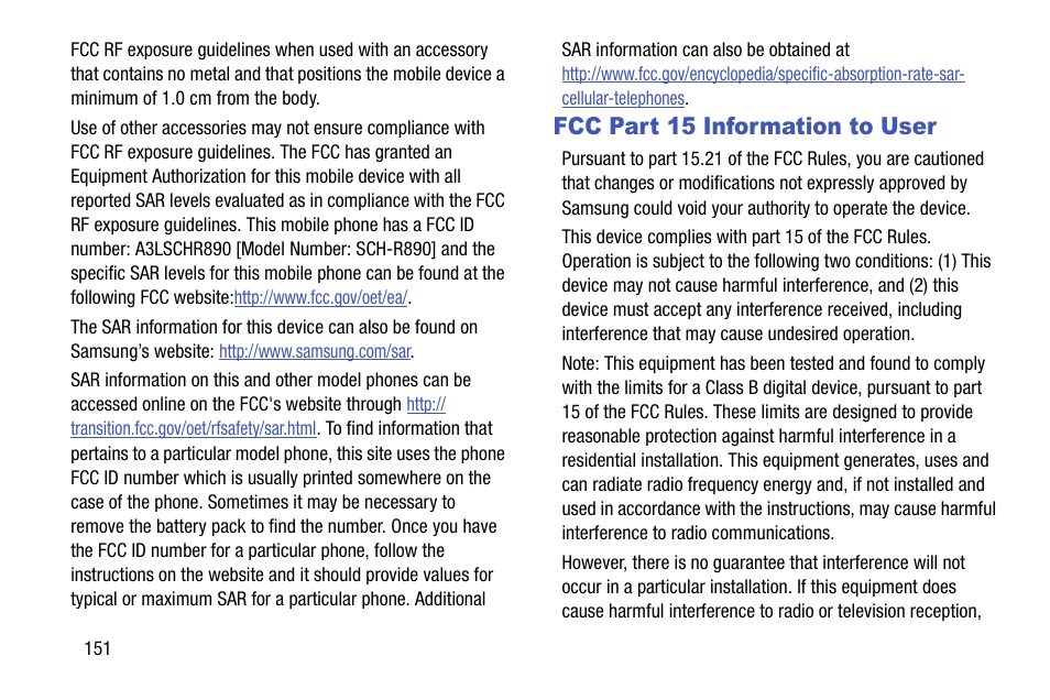 Fcc part 15 information to user | Samsung SCH-R890ZWAUSC User Manual | Page 156 / 194