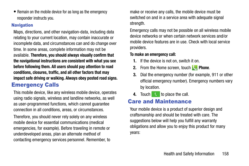 Emergency calls, Care and maintenance | Samsung SCH-R890ZWAUSC User Manual | Page 163 / 194