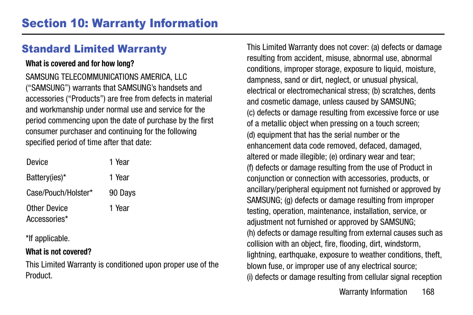 Section 10: warranty information, Standard limited warranty | Samsung SCH-R890ZWAUSC User Manual | Page 173 / 194