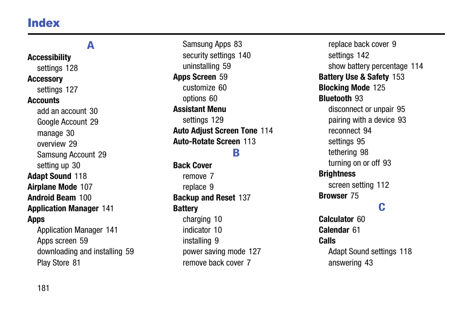 Index | Samsung SCH-R890ZWAUSC User Manual | Page 186 / 194