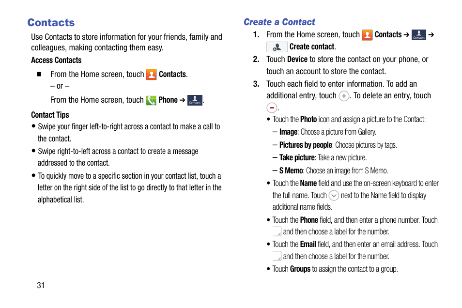 Contacts | Samsung SCH-R890ZWAUSC User Manual | Page 36 / 194