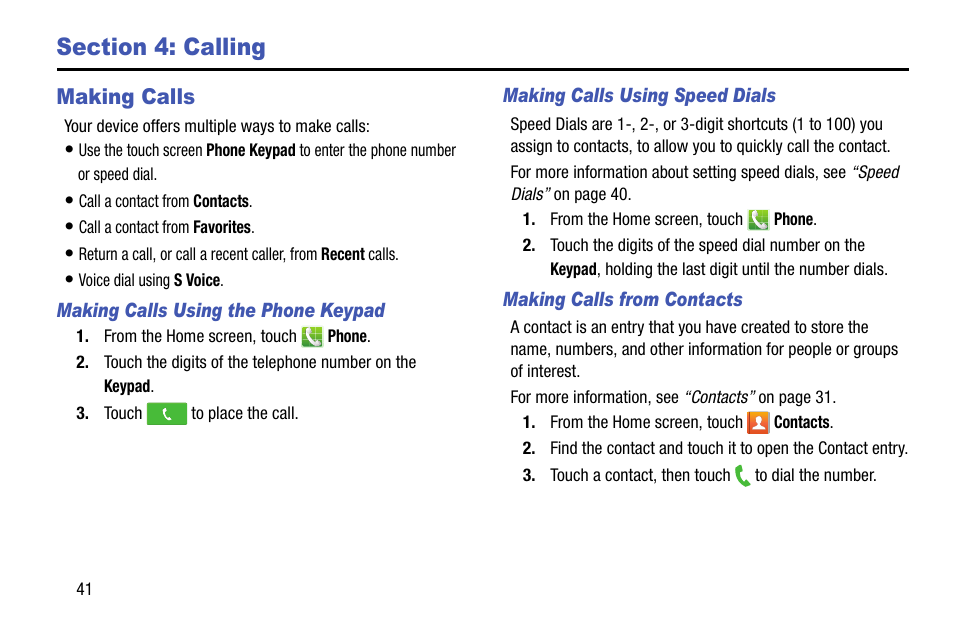 Section 4: calling, Making calls | Samsung SCH-R890ZWAUSC User Manual | Page 46 / 194