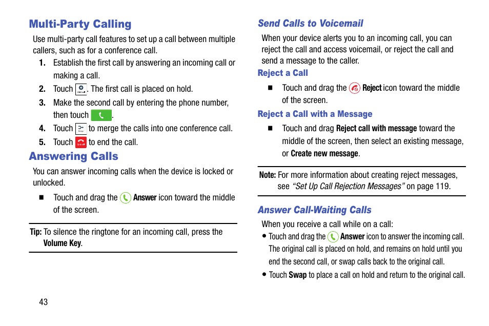 Multi-party calling, Answering calls, Multi-party calling answering calls | Samsung SCH-R890ZWAUSC User Manual | Page 48 / 194