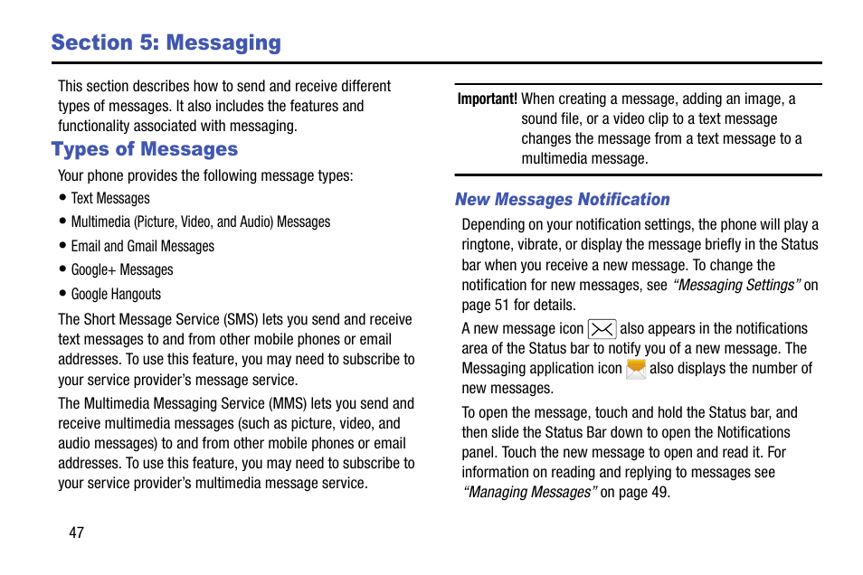 Section 5: messaging, Types of messages | Samsung SCH-R890ZWAUSC User Manual | Page 52 / 194