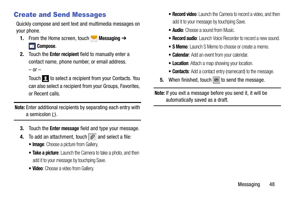 Create and send messages | Samsung SCH-R890ZWAUSC User Manual | Page 53 / 194