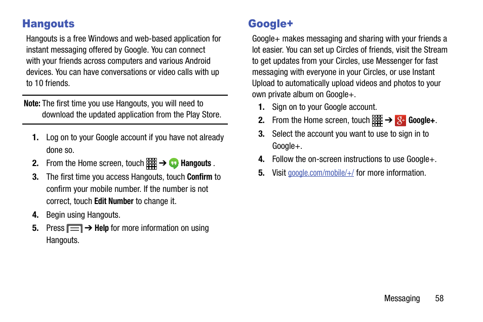 Hangouts, Google, Hangouts google | Samsung SCH-R890ZWAUSC User Manual | Page 63 / 194