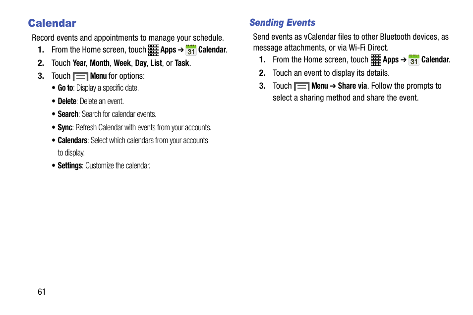 Calendar | Samsung SCH-R890ZWAUSC User Manual | Page 66 / 194