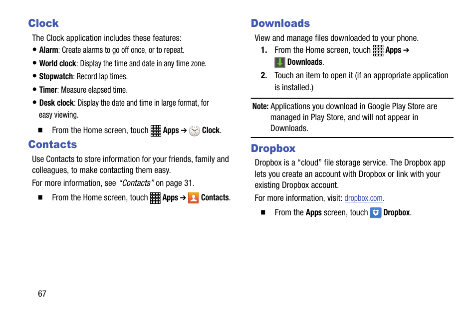 Clock, Contacts, Downloads | Dropbox, Clock contacts downloads dropbox | Samsung SCH-R890ZWAUSC User Manual | Page 72 / 194
