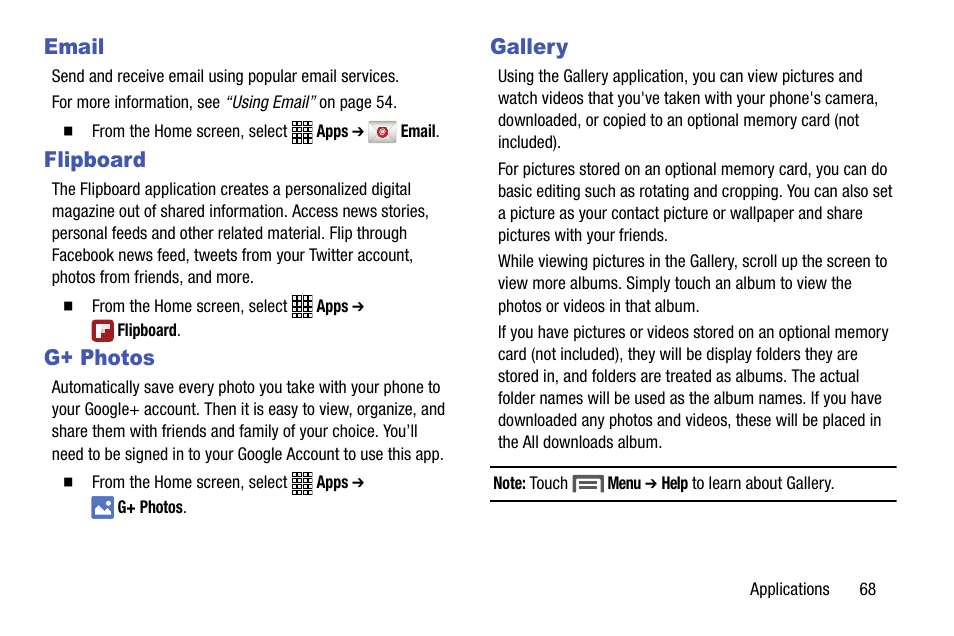 Email, Flipboard, G+ photos | Gallery, Email flipboard g+ photos gallery | Samsung SCH-R890ZWAUSC User Manual | Page 73 / 194