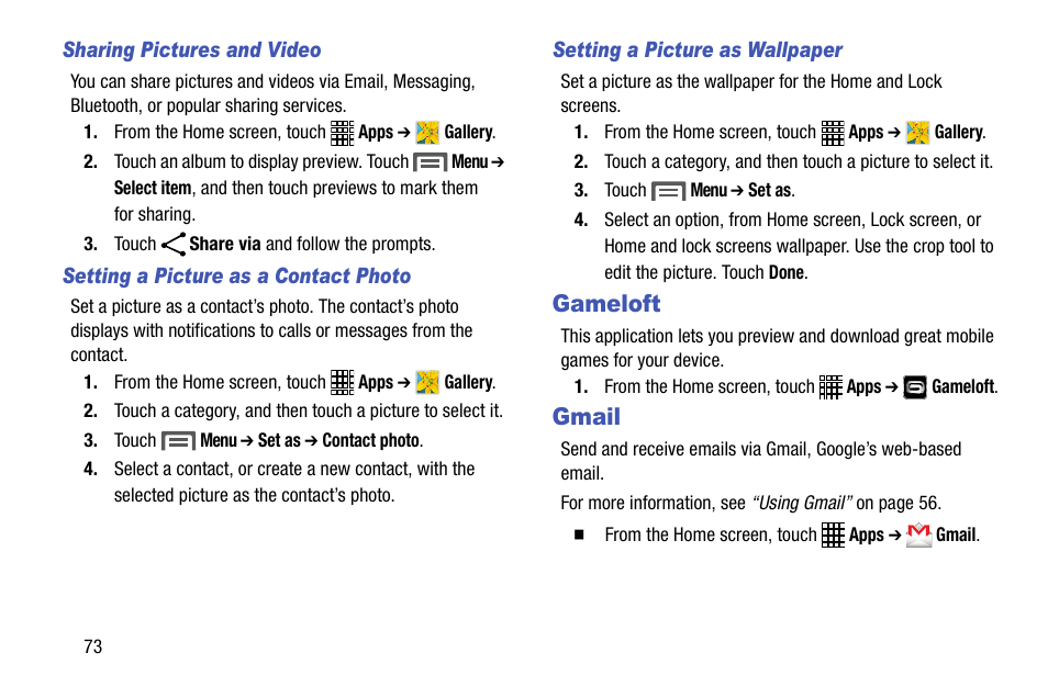Gameloft, Gmail, Gameloft gmail | Samsung SCH-R890ZWAUSC User Manual | Page 78 / 194