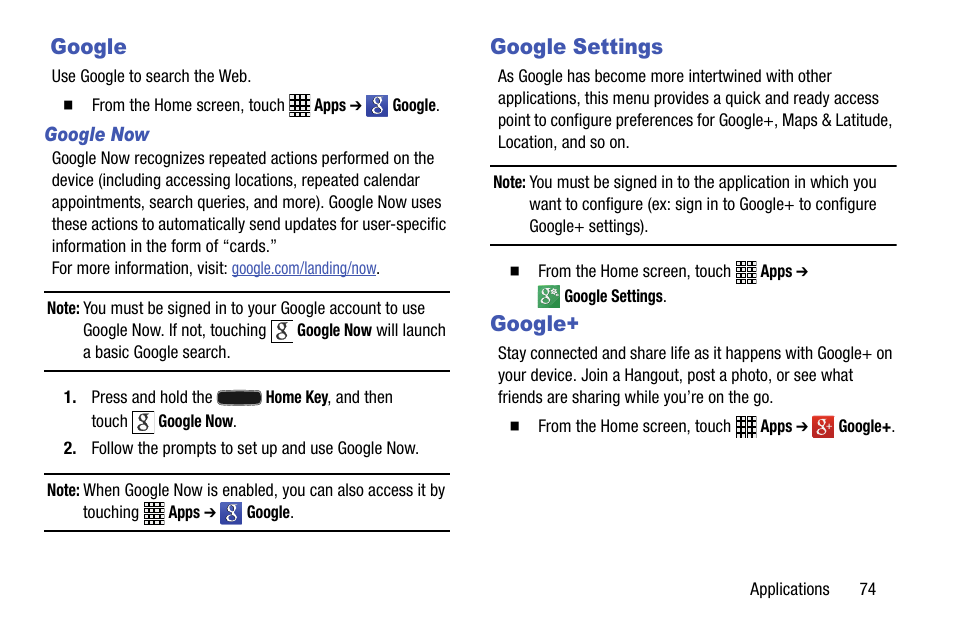 Google, Google settings, Google google settings google | Samsung SCH-R890ZWAUSC User Manual | Page 79 / 194