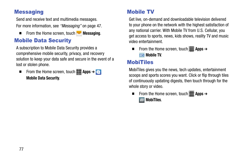 Messaging, Mobile data security, Mobile tv | Mobitiles, Messaging mobile data security mobile tv mobitiles | Samsung SCH-R890ZWAUSC User Manual | Page 82 / 194