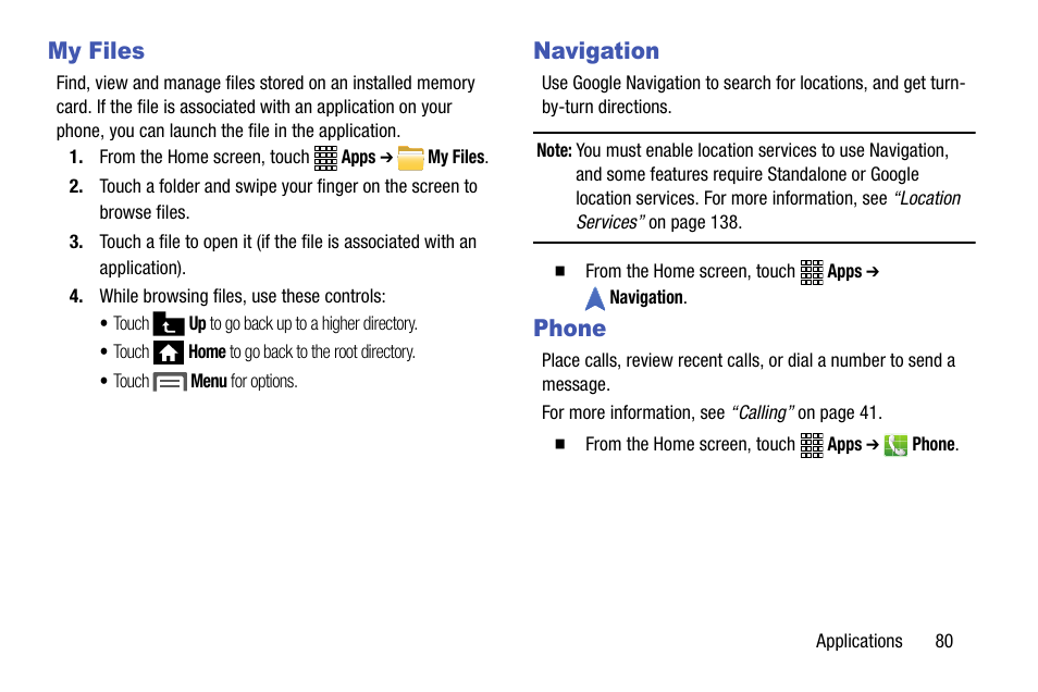 My files, Navigation, Phone | My files navigation phone | Samsung SCH-R890ZWAUSC User Manual | Page 85 / 194