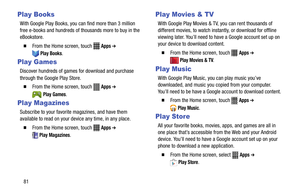 Play books, Play games, Play magazines | Play movies & tv, Play music, Play store, See “play store” on | Samsung SCH-R890ZWAUSC User Manual | Page 86 / 194