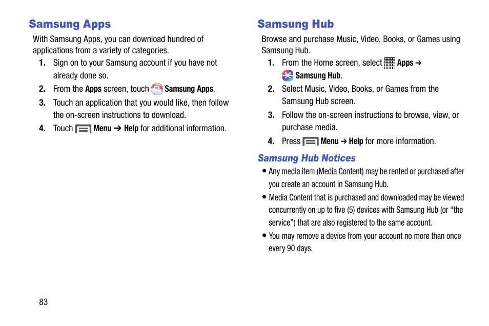 Samsung apps, Samsung hub, Samsung apps samsung hub | For more information, refer to | Samsung SCH-R890ZWAUSC User Manual | Page 88 / 194