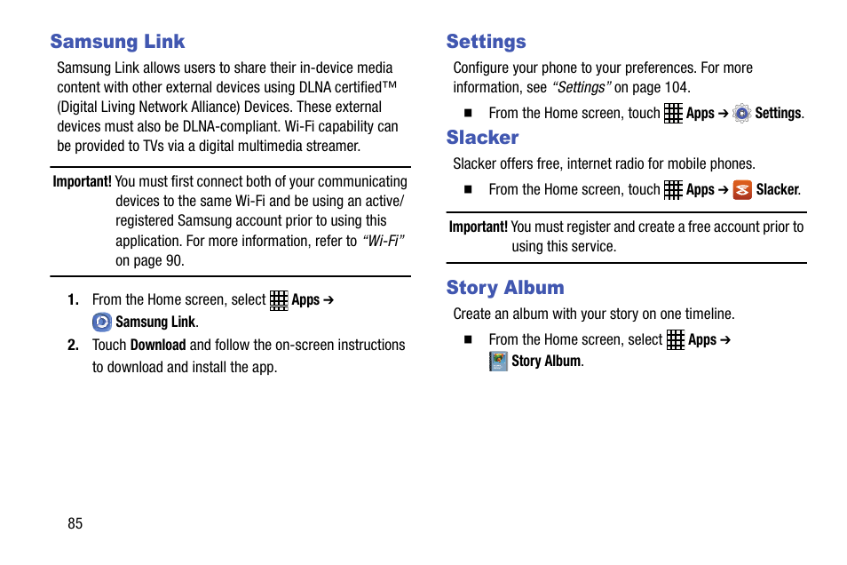 Samsung link, Settings, Slacker | Story album, Samsung link settings slacker story album | Samsung SCH-R890ZWAUSC User Manual | Page 90 / 194