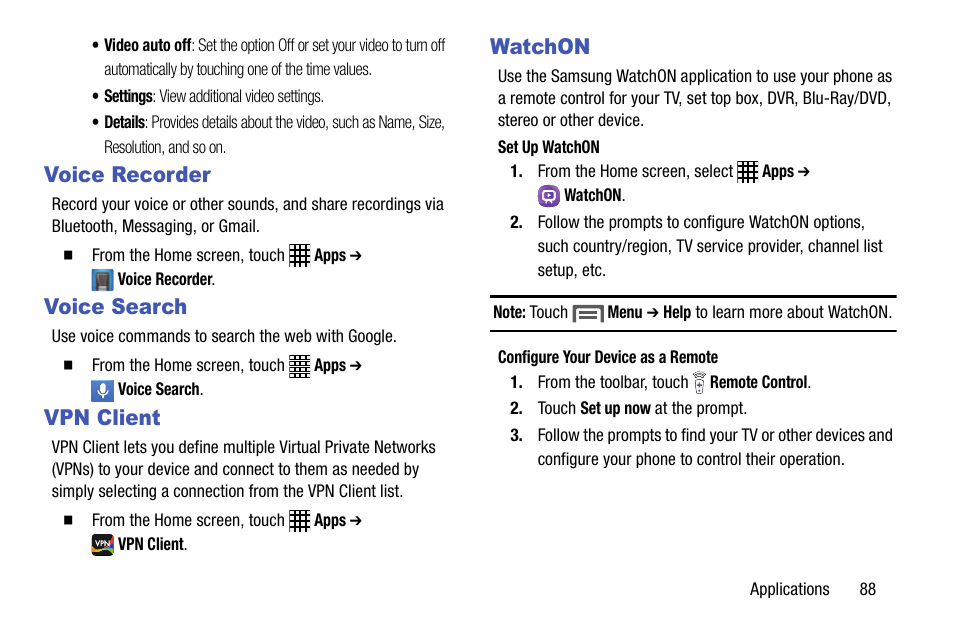 Voice recorder, Voice search, Vpn client | Watchon, Voice recorder voice search vpn client watchon | Samsung SCH-R890ZWAUSC User Manual | Page 93 / 194