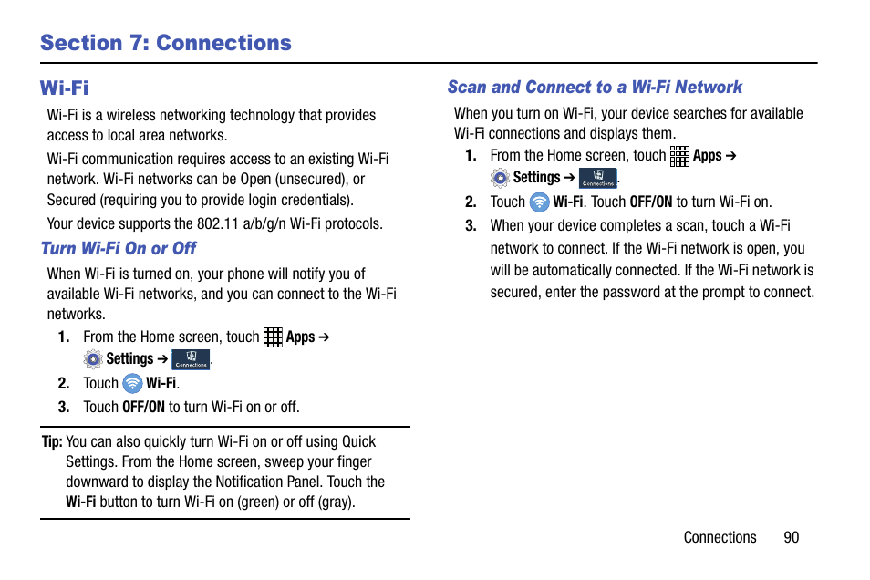 Section 7: connections, Wi-fi | Samsung SCH-R890ZWAUSC User Manual | Page 95 / 194