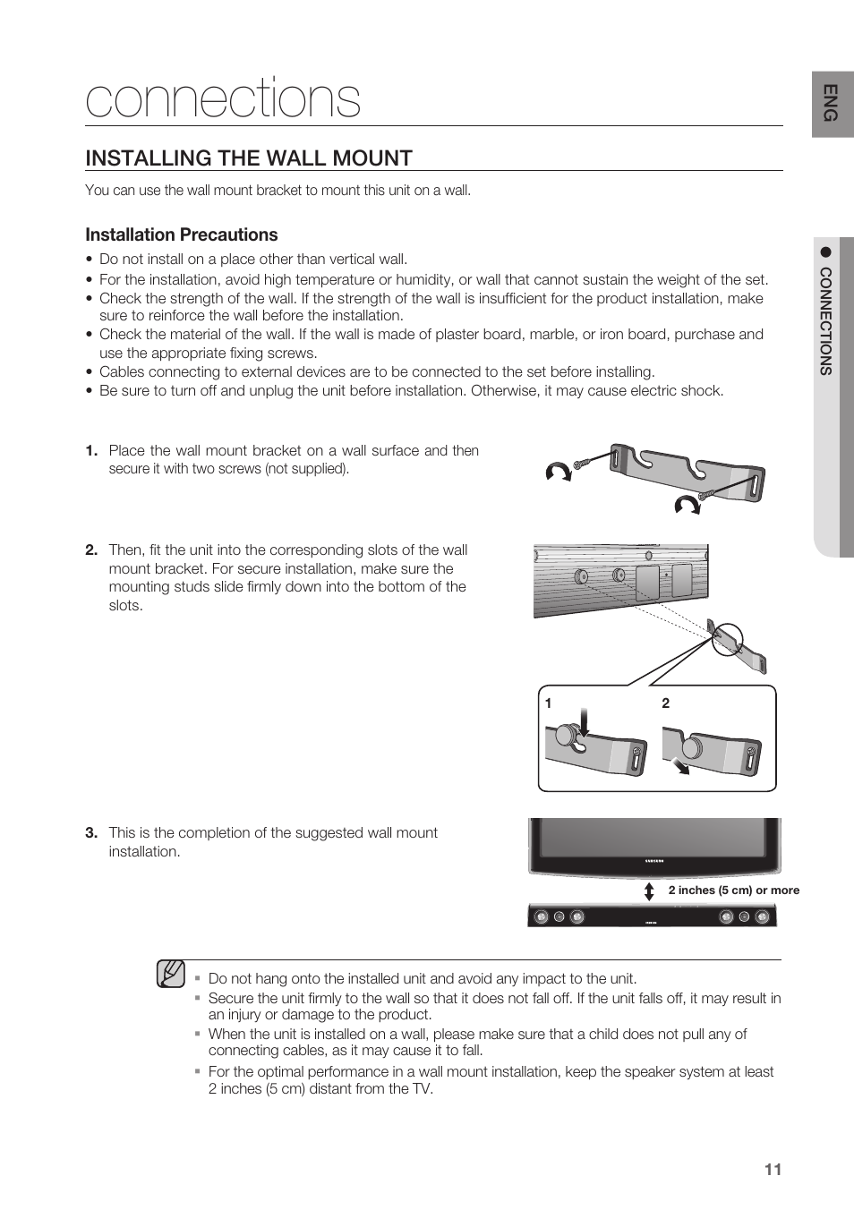 Connections, Installing the wall mount | Samsung HW-C450-XAC User Manual | Page 11 / 21