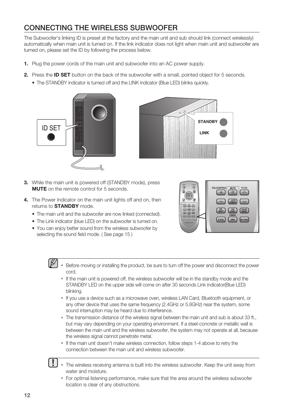 Connecting the wireless subwoofer | Samsung HW-C450-XAC User Manual | Page 12 / 21