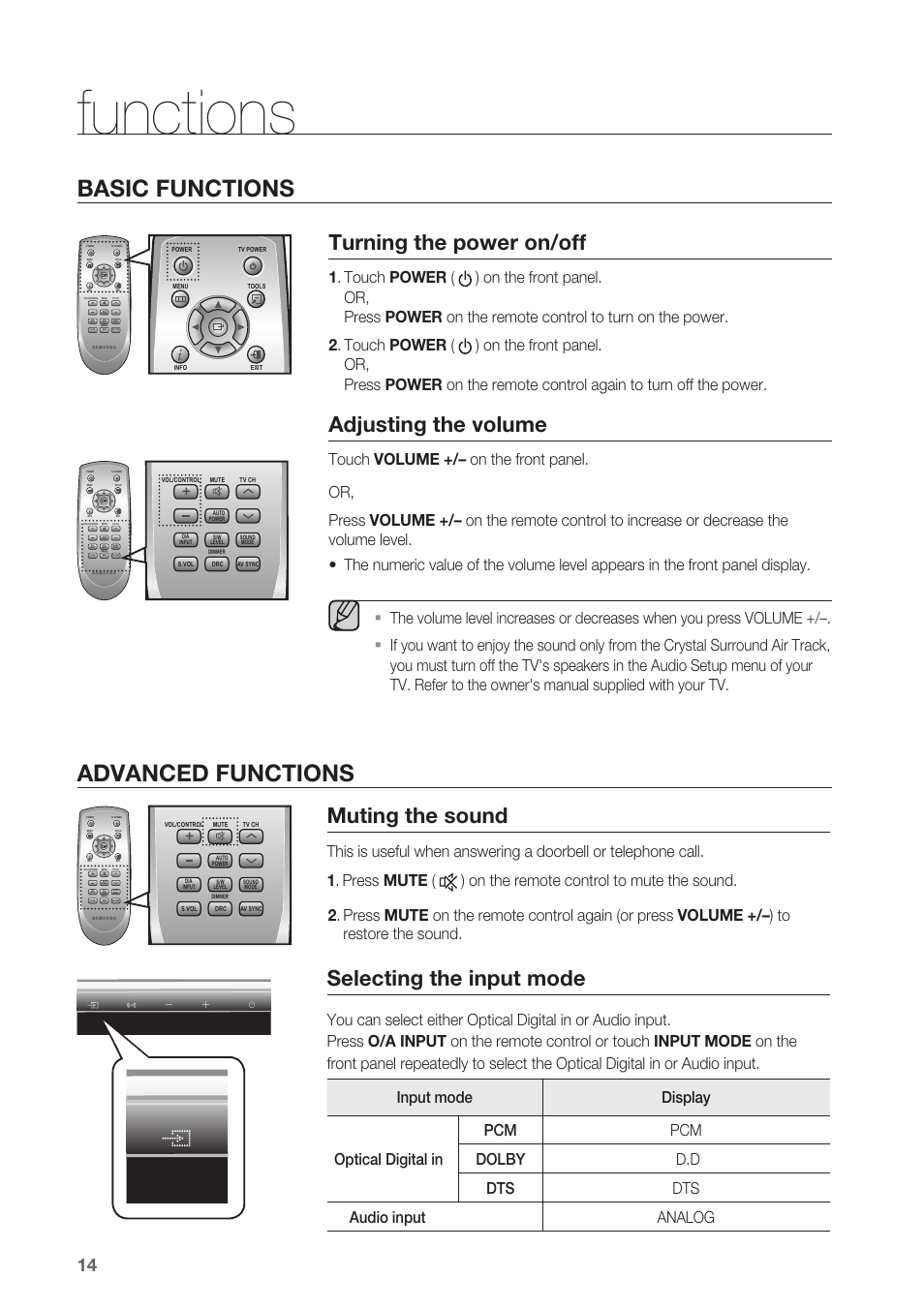 Functions, Advanced functions basic functions, Turning the power on/off | Adjusting the volume, Muting the sound, Selecting the input mode | Samsung HW-C450-XAC User Manual | Page 14 / 21