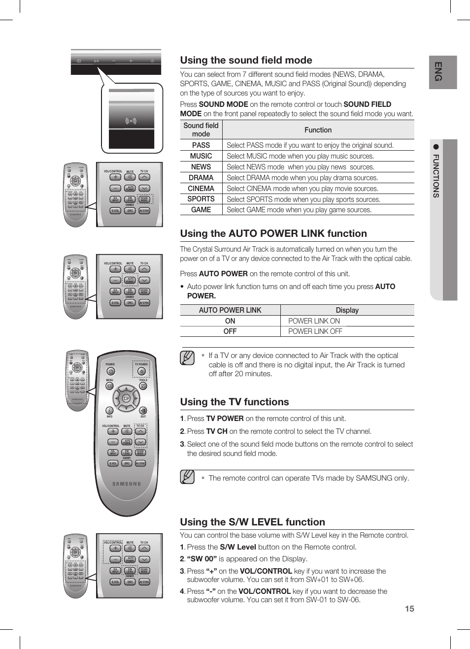 Using the sound field mode, Using the auto power link function, Using the tv functions | Using the s/w level function, Fu nc t io n s | Samsung HW-C450-XAC User Manual | Page 15 / 21