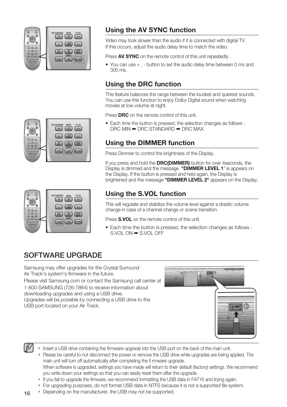 Using the av sync function, Using the drc function, Using the dimmer function | Using the s.vol function, Software upgrade, Only for update | Samsung HW-C450-XAC User Manual | Page 16 / 21