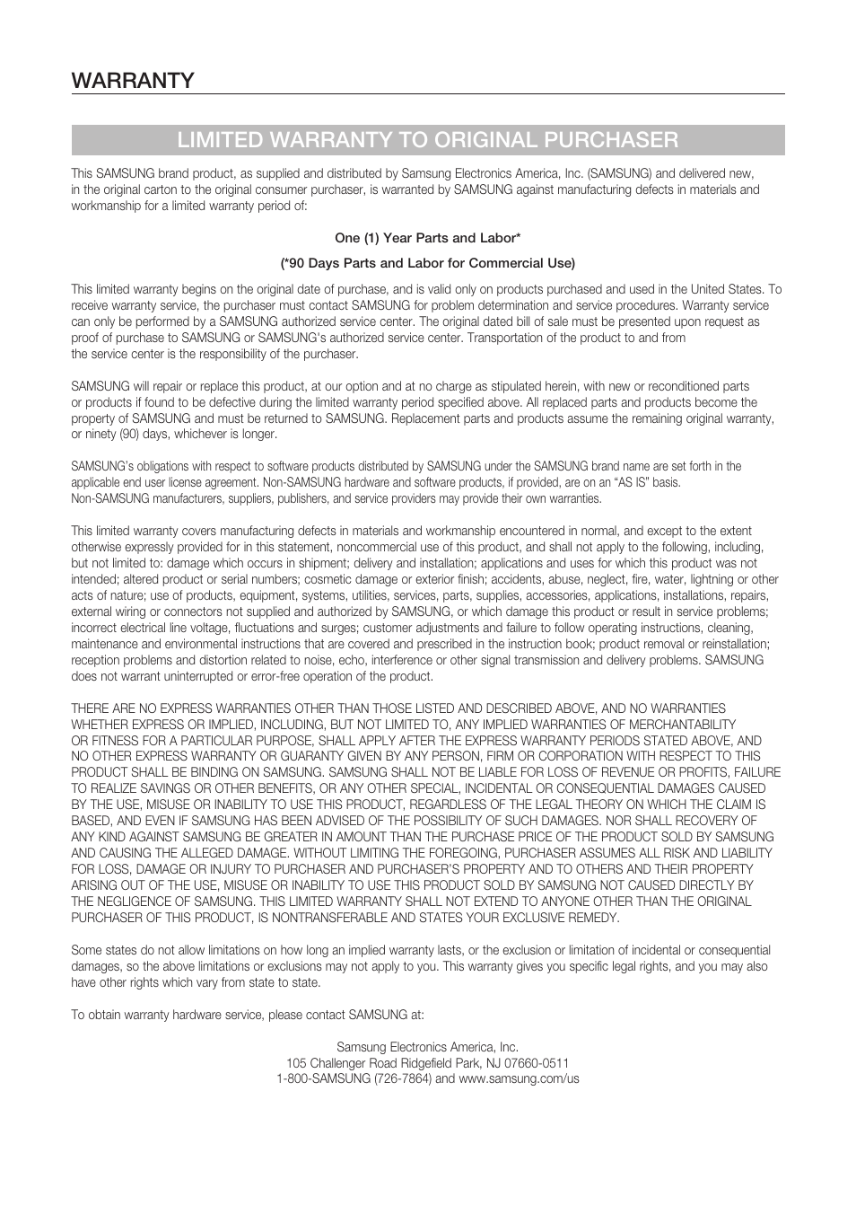 Waranty, Warranty limited warranty to original purchaser | Samsung HW-C450-XAC User Manual | Page 19 / 21