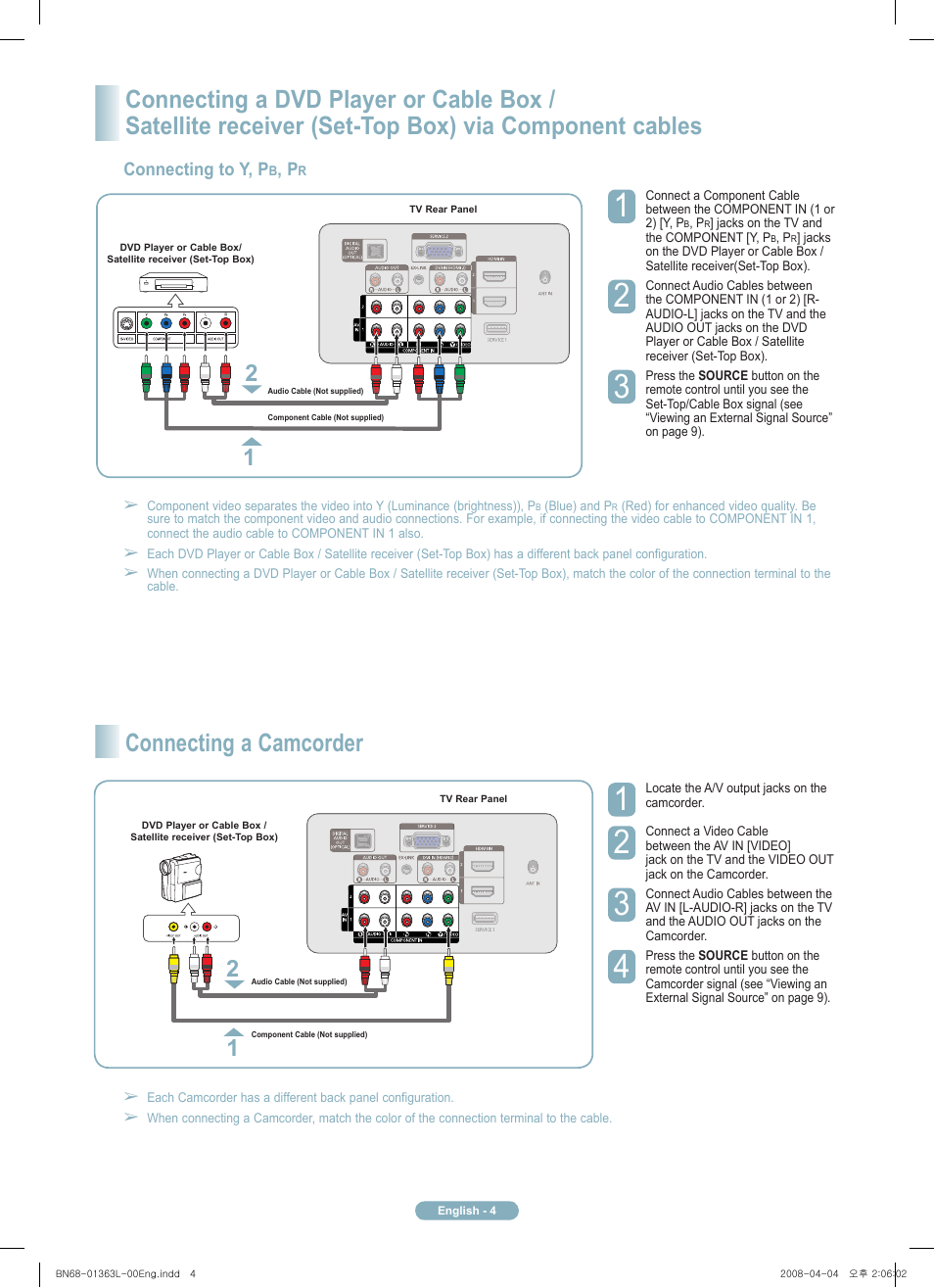 Connecting a camcorder | Samsung PN50A510P3FXZA User Manual | Page 4 / 12