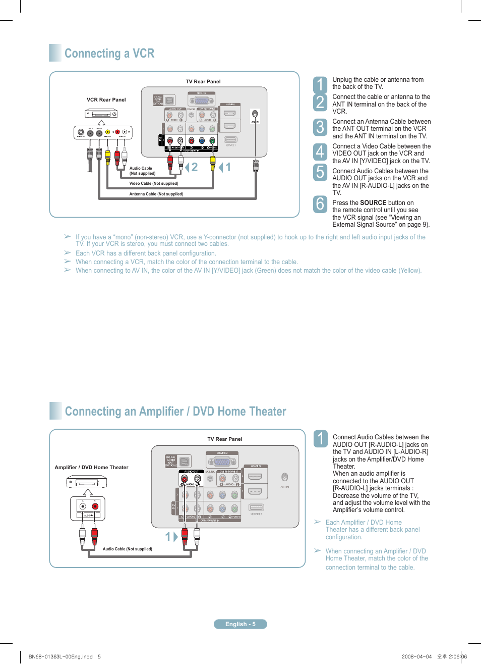 Connecting a vcr, Connecting an amplifier / dvd home theater | Samsung PN50A510P3FXZA User Manual | Page 5 / 12