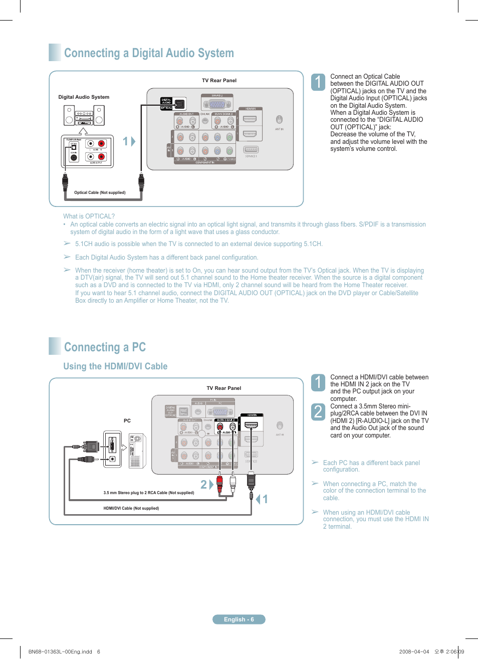 Connecting a digital audio system, Connecting a pc, Using the hdmi/dvi cable | Samsung PN50A510P3FXZA User Manual | Page 6 / 12