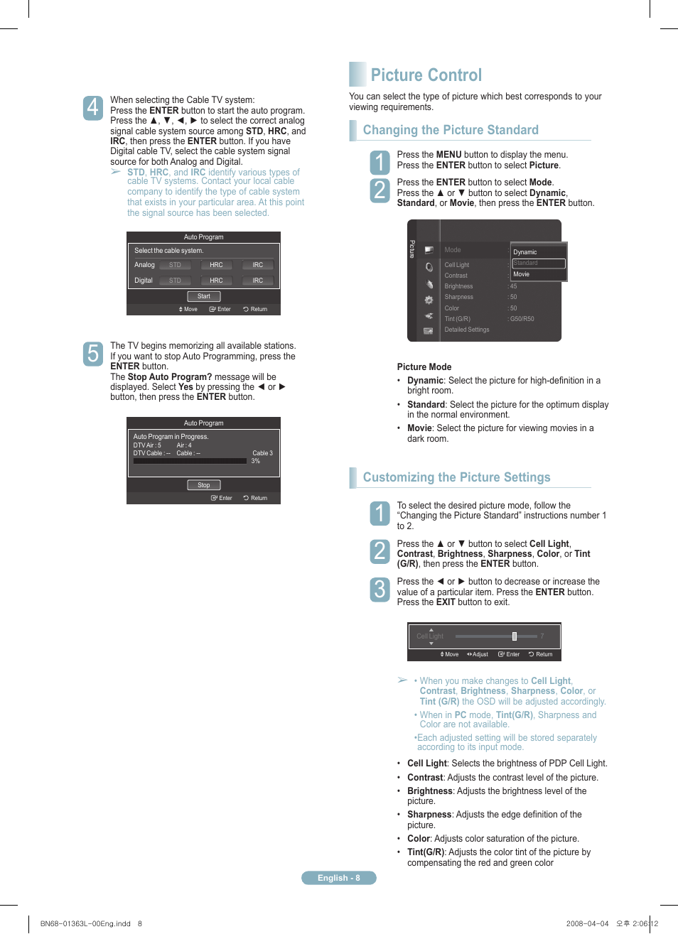 Picture control, Changing the picture standard, Customizing the picture settings | Samsung PN50A510P3FXZA User Manual | Page 8 / 12