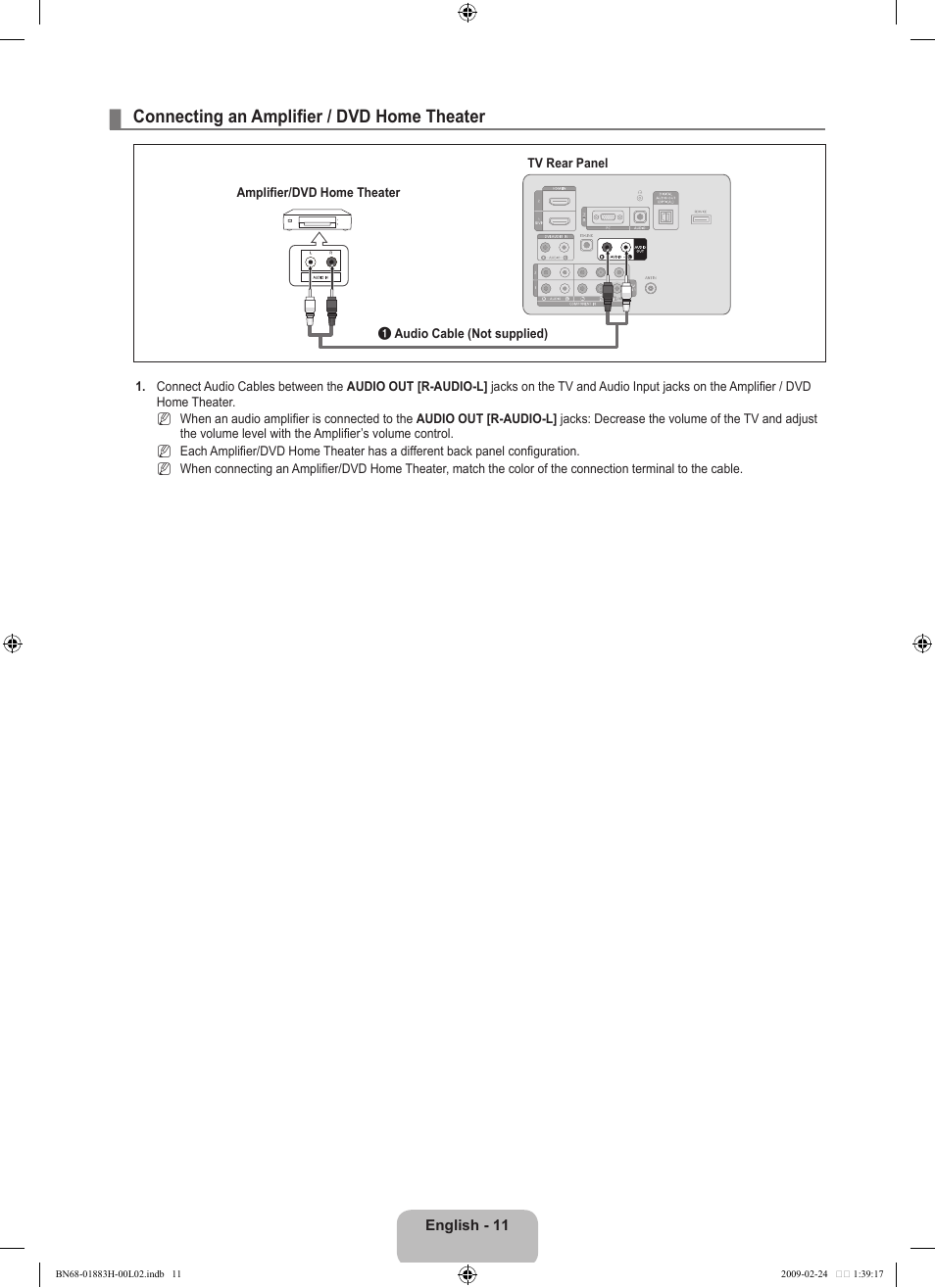 Connecting an amplifier / dvd home theater | Samsung LN32B540P8DUZA User Manual | Page 13 / 73