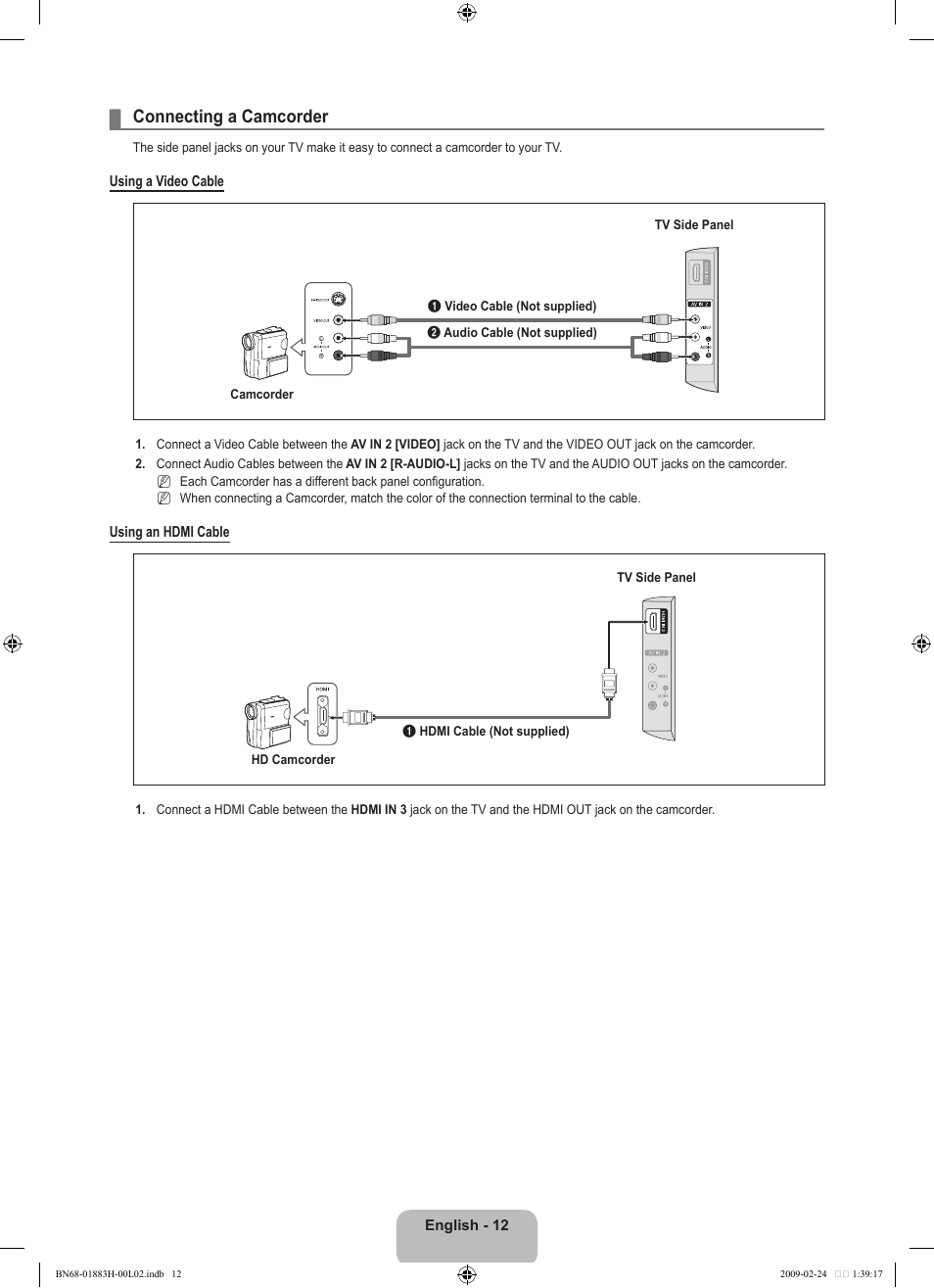 Connecting a camcorder | Samsung LN32B540P8DUZA User Manual | Page 14 / 73