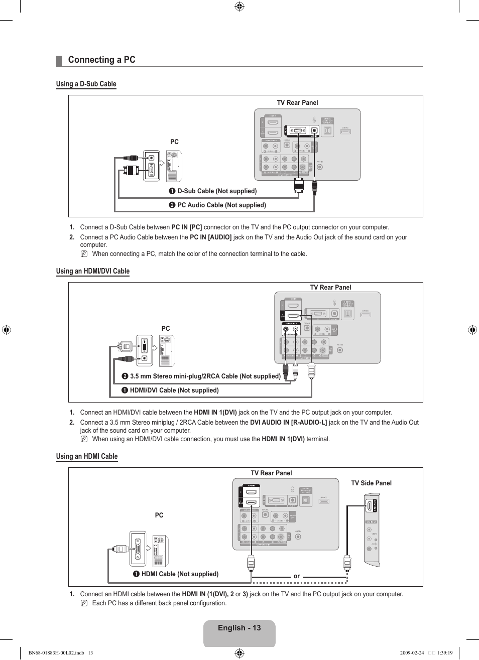 Connecting a pc | Samsung LN32B540P8DUZA User Manual | Page 15 / 73