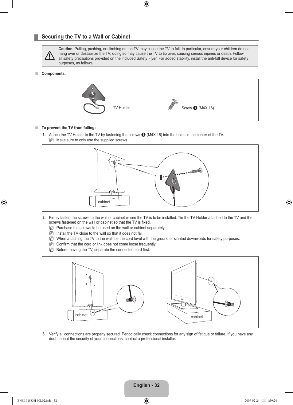 Securing the tv to a wall or cabinet | Samsung LN32B540P8DUZA User Manual | Page 34 / 73