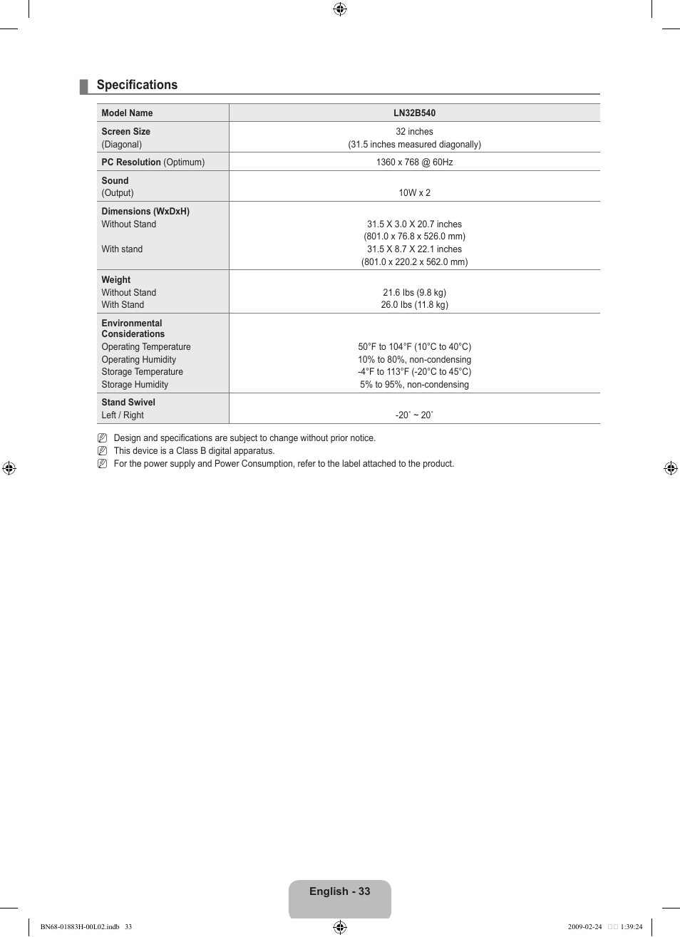 Specifications | Samsung LN32B540P8DUZA User Manual | Page 35 / 73