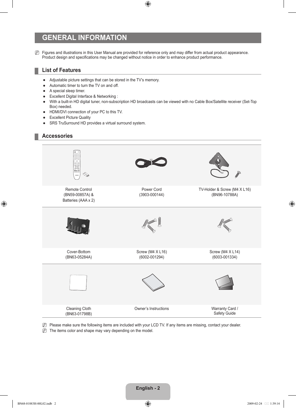 General information, List of features, Accessories | Samsung LN32B540P8DUZA User Manual | Page 4 / 73