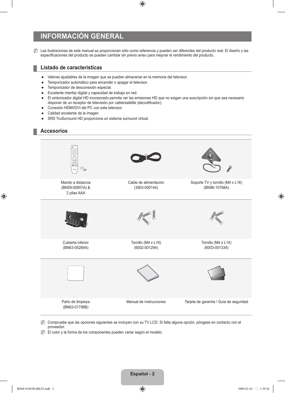 Información general, Listado de características, Accesorios | Samsung LN32B540P8DUZA User Manual | Page 40 / 73