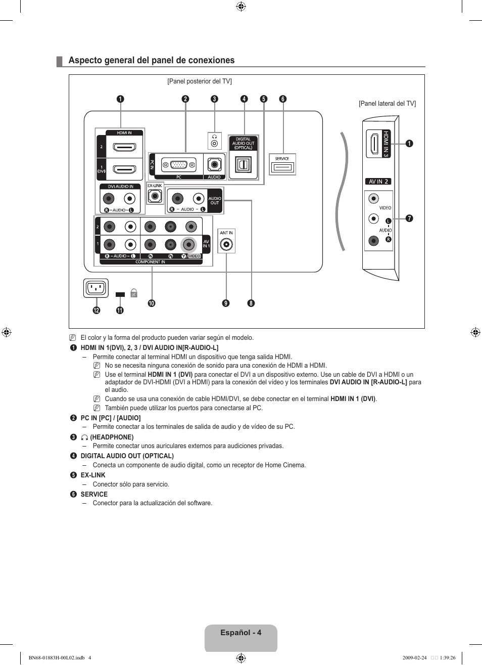 Aspecto general del panel de conexiones | Samsung LN32B540P8DUZA User Manual | Page 42 / 73